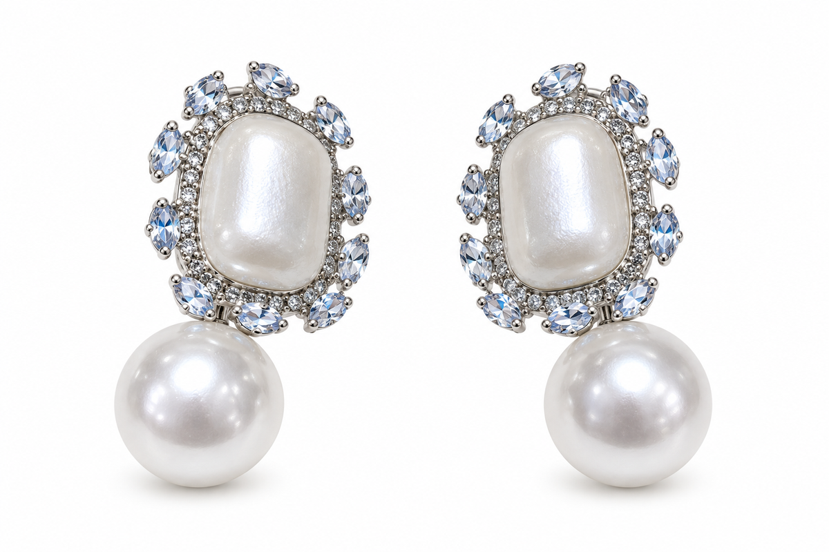 Aretes  perlas con cuadrados
