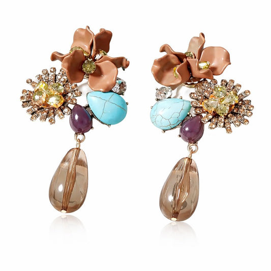 Aretes Flor Cafe y turquesa